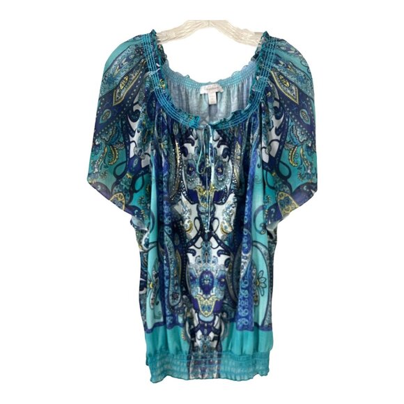 Dressbarn Women’s 2X Boho Peasant Top – Blue Paisley Smocked Flutter Sleeve Blou - Picture 1 of 7